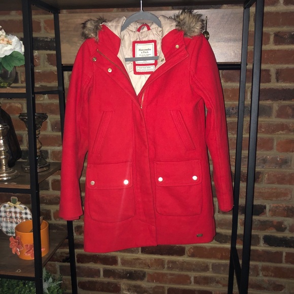 Abercrombie Red Wool Fur Hooded Parka - Sz XS - Picture 13 of 14